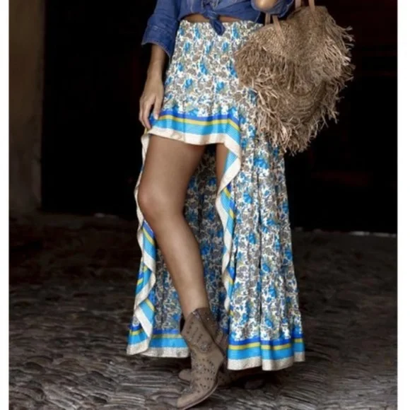 Bohemian gypsy Blue high low Floral Ruffle Maxi Skirt - Picture 5 of 11
